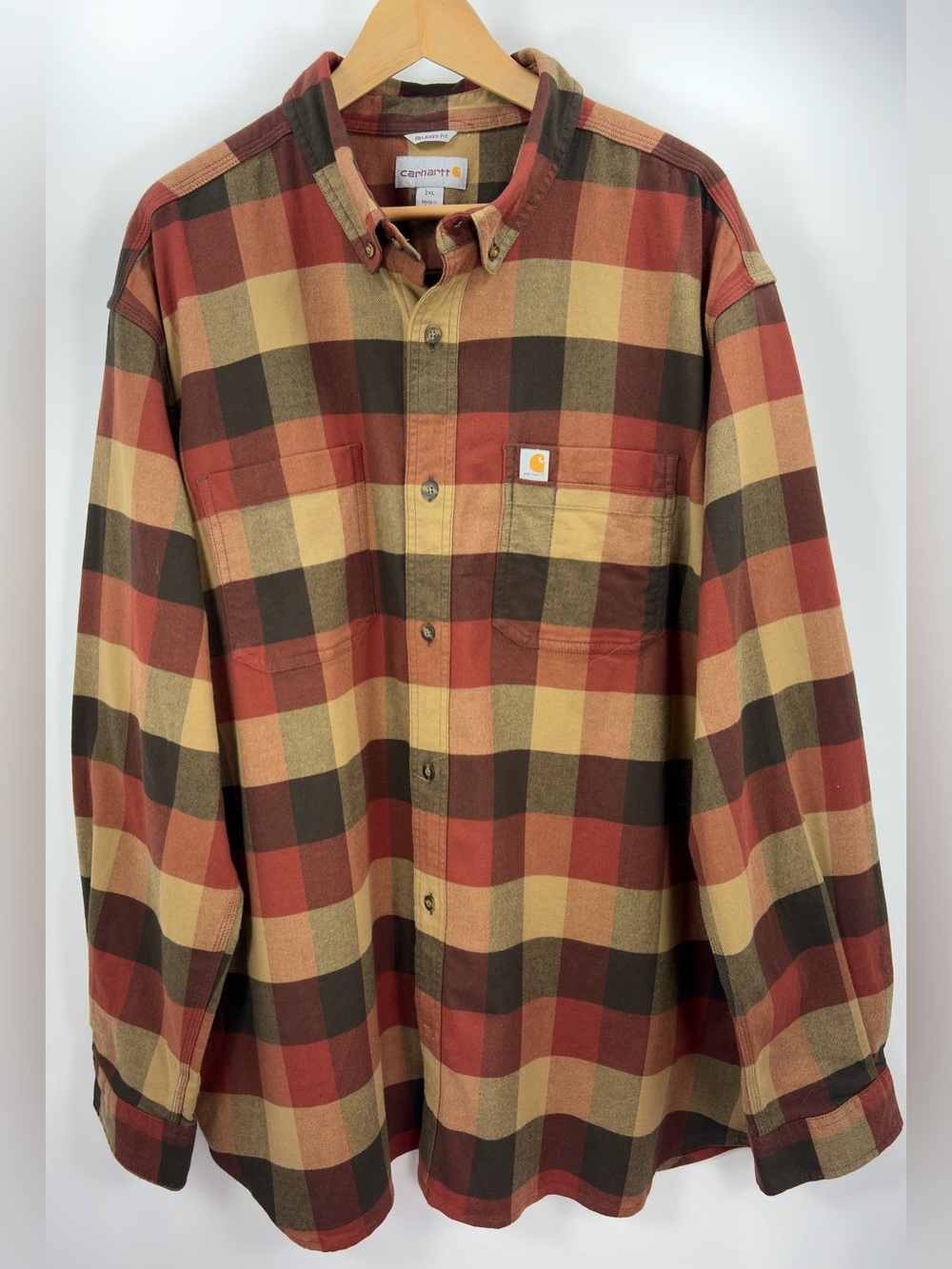 Carhartt Rugged Flex 2XL Relaxed Fit Plaid Flannel Shirt Rust Brown Workwear